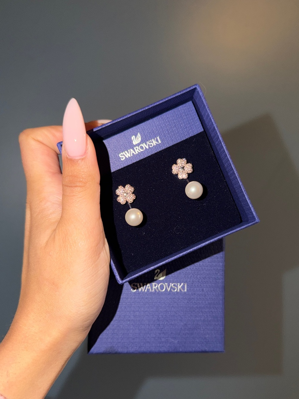 Swarovski Pink Crystal Flower and Pearl Stud Earrings